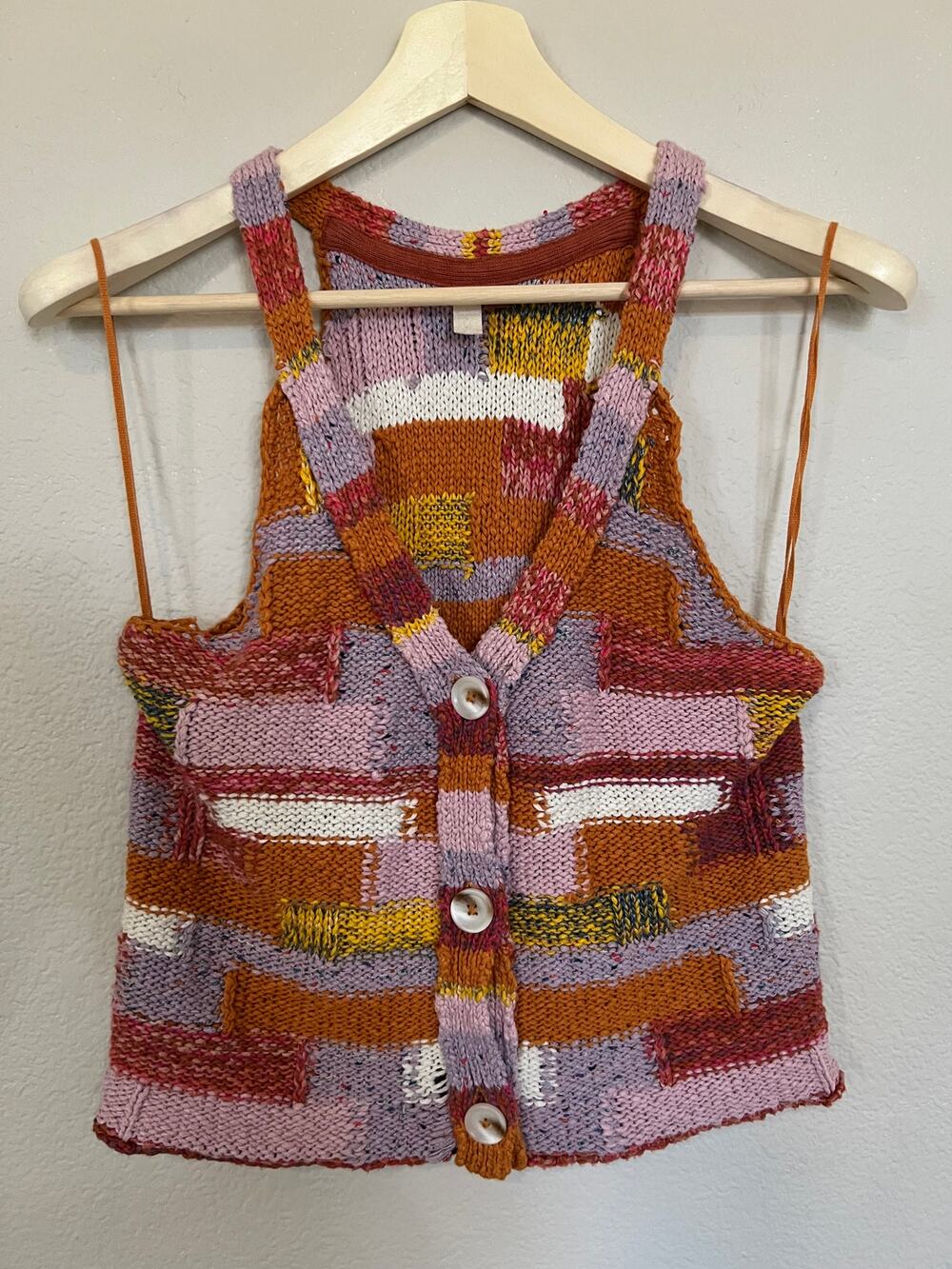 Anthropologie Pilcro Knit Sweater Vest Women's M Patchwork Button Up *small flaw